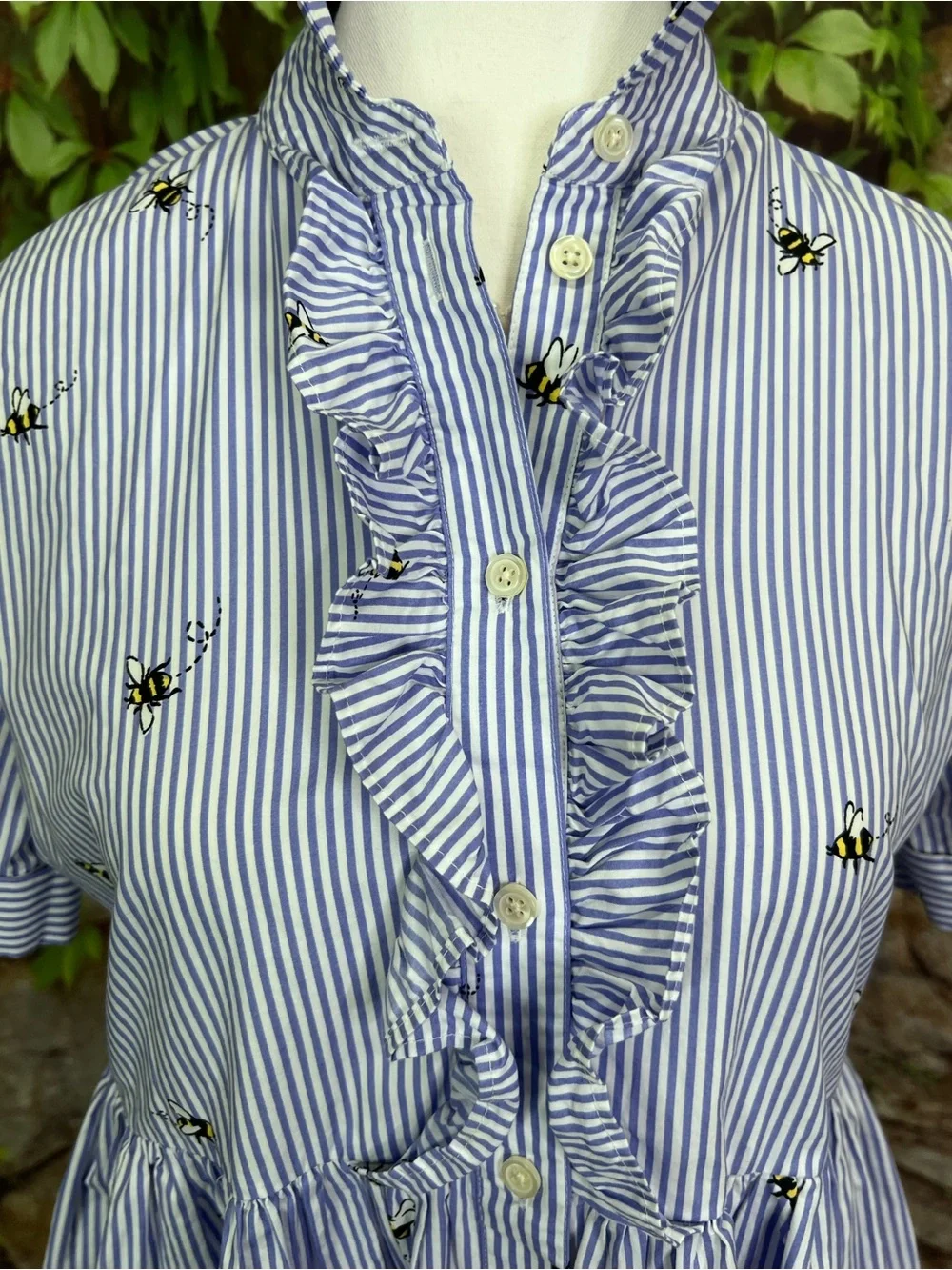 KATE SPADE Abuzz Poplin Blue and White Striped Bee Print Poplin Luxury Dress, XS
